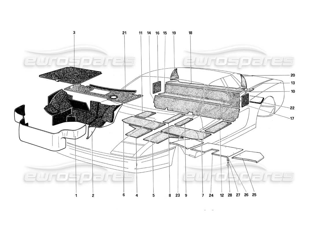 ferrari testarossa (1987) luggage compartment carpet and insulation panels part diagram