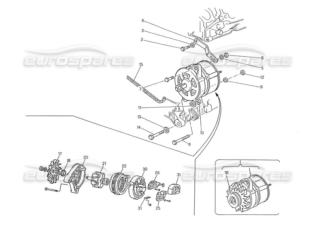 maserati karif 2.8 alternator and bracket part diagram