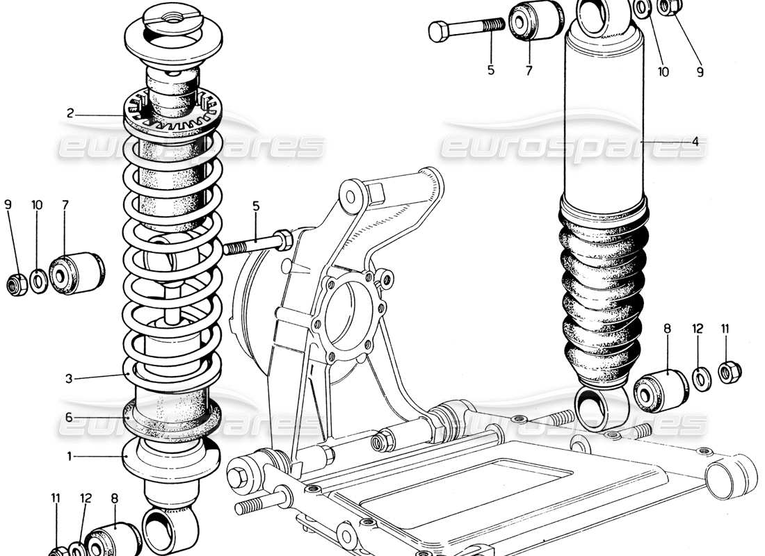 ferrari 365 gt4 2+2 (1973) rear suspension - shock absorber and self levelling unit part diagram