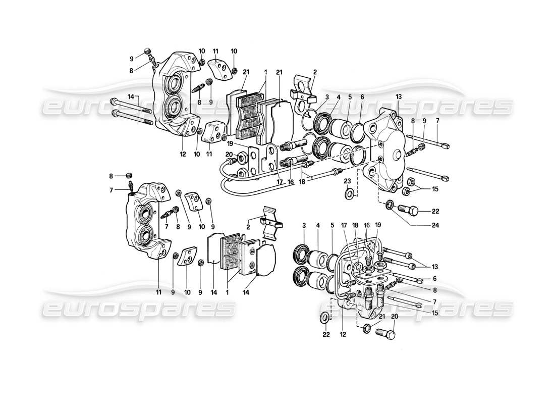 ferrari 400i (1983 mechanical) calipers for front and rear brakes part diagram