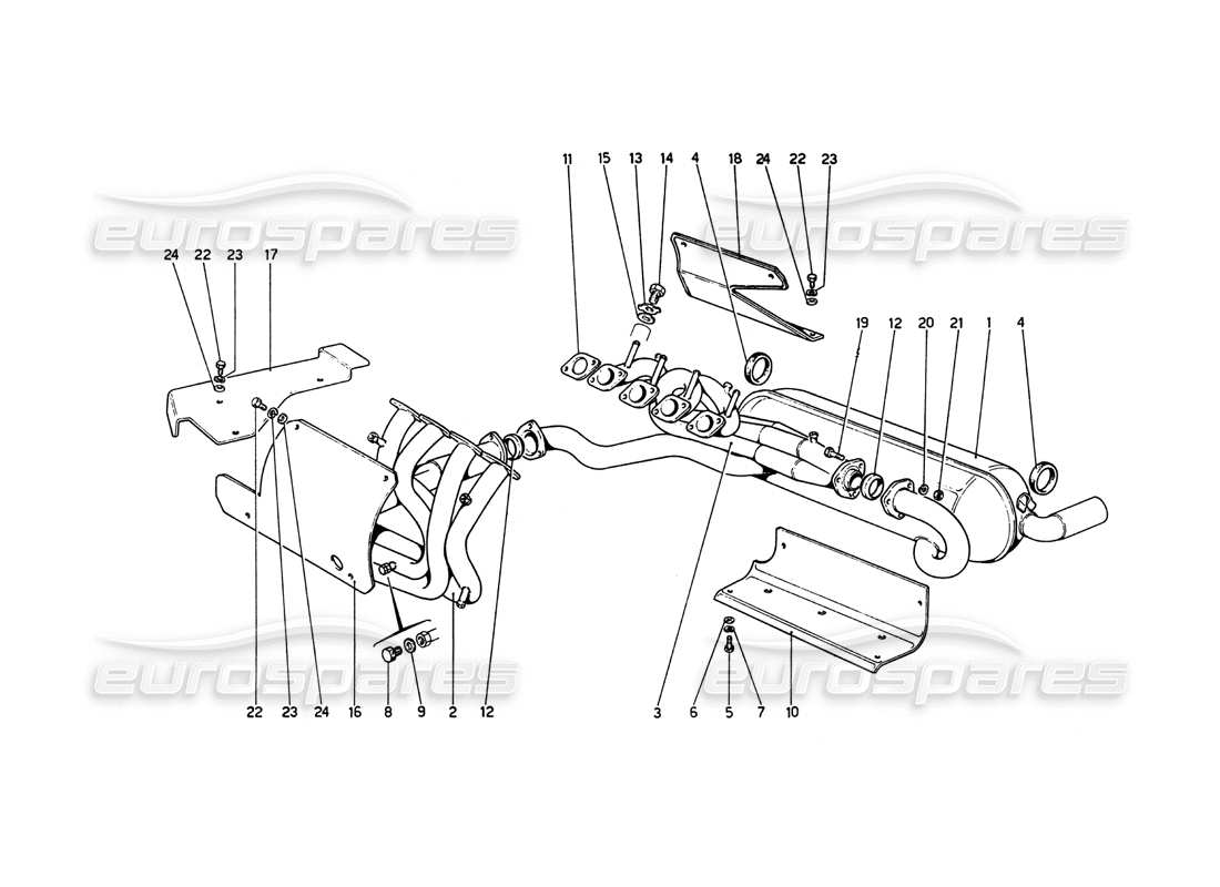 ferrari 208 gt4 dino (1975) exhaust system part diagram