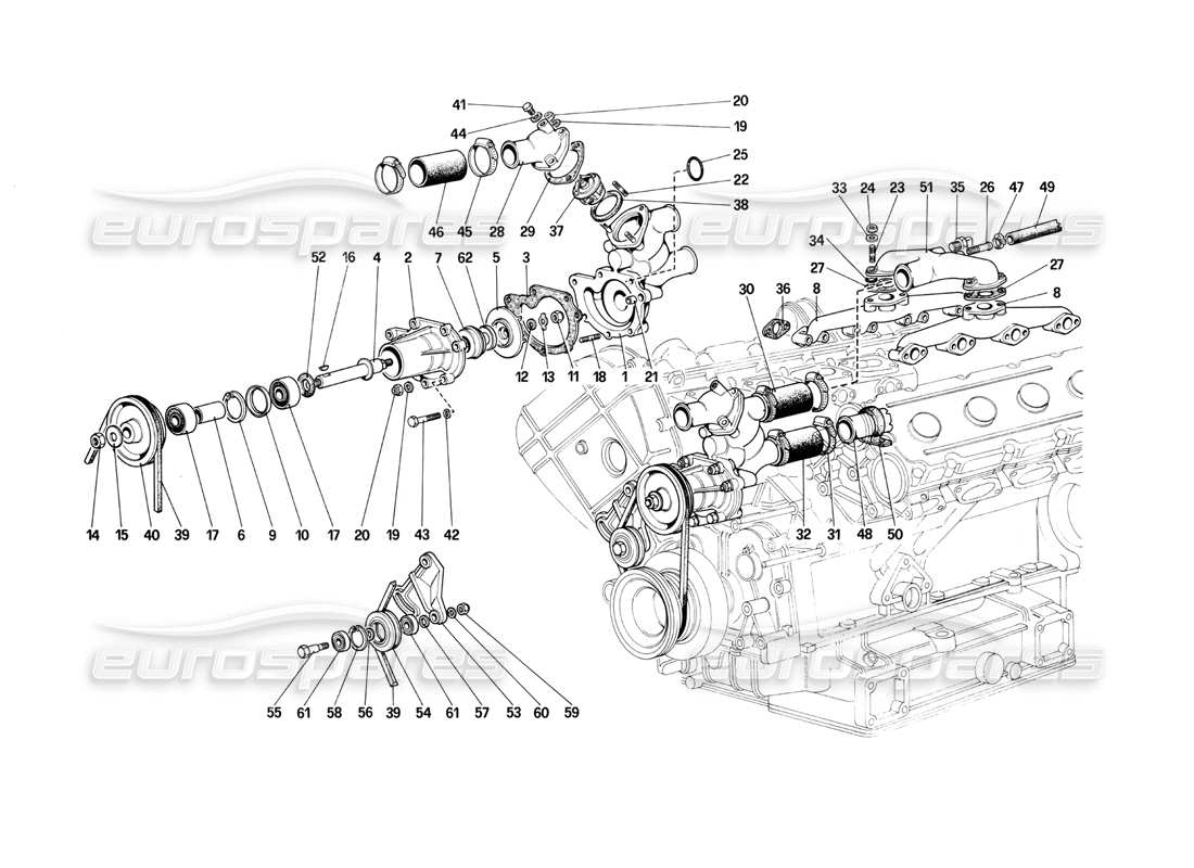 ferrari mondial 3.0 qv (1984) water pump and pipings part diagram