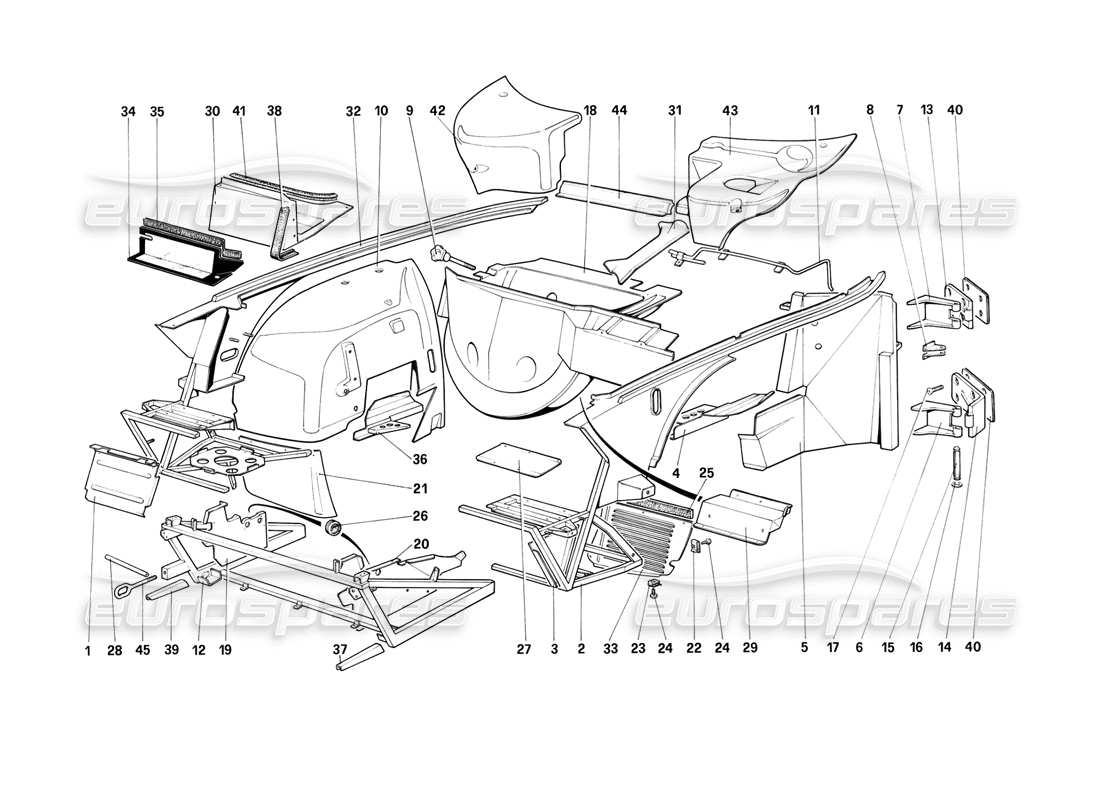 ferrari mondial 3.2 qv (1987) body shell - inner elements with antiskid part diagram