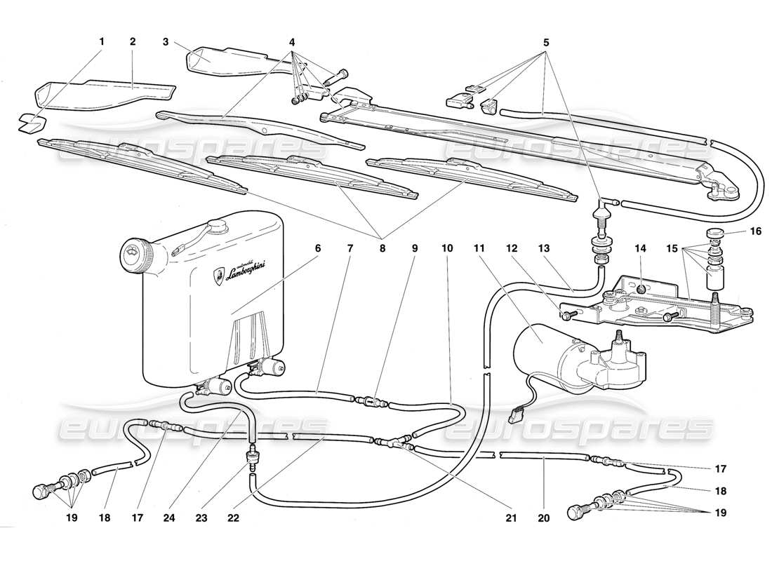 lamborghini diablo vt (1994) windscreen wiper and headlamp washers part diagram