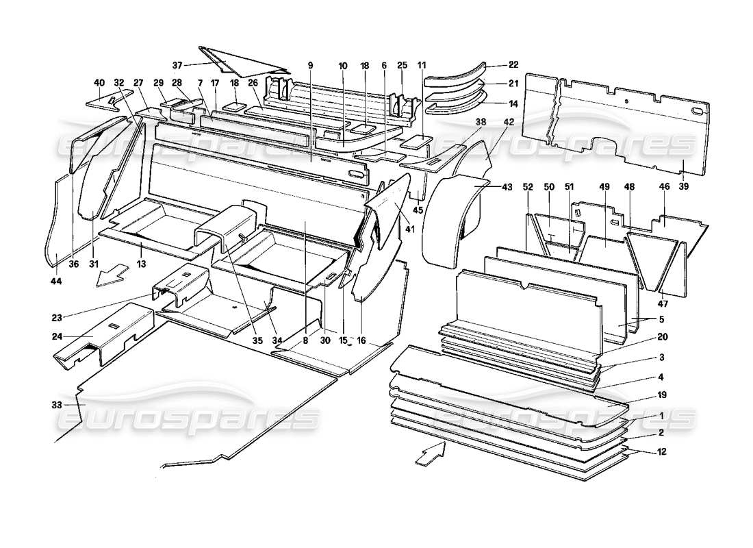 ferrari mondial 3.0 qv (1984) luggage and passenger compartment insulation part diagram