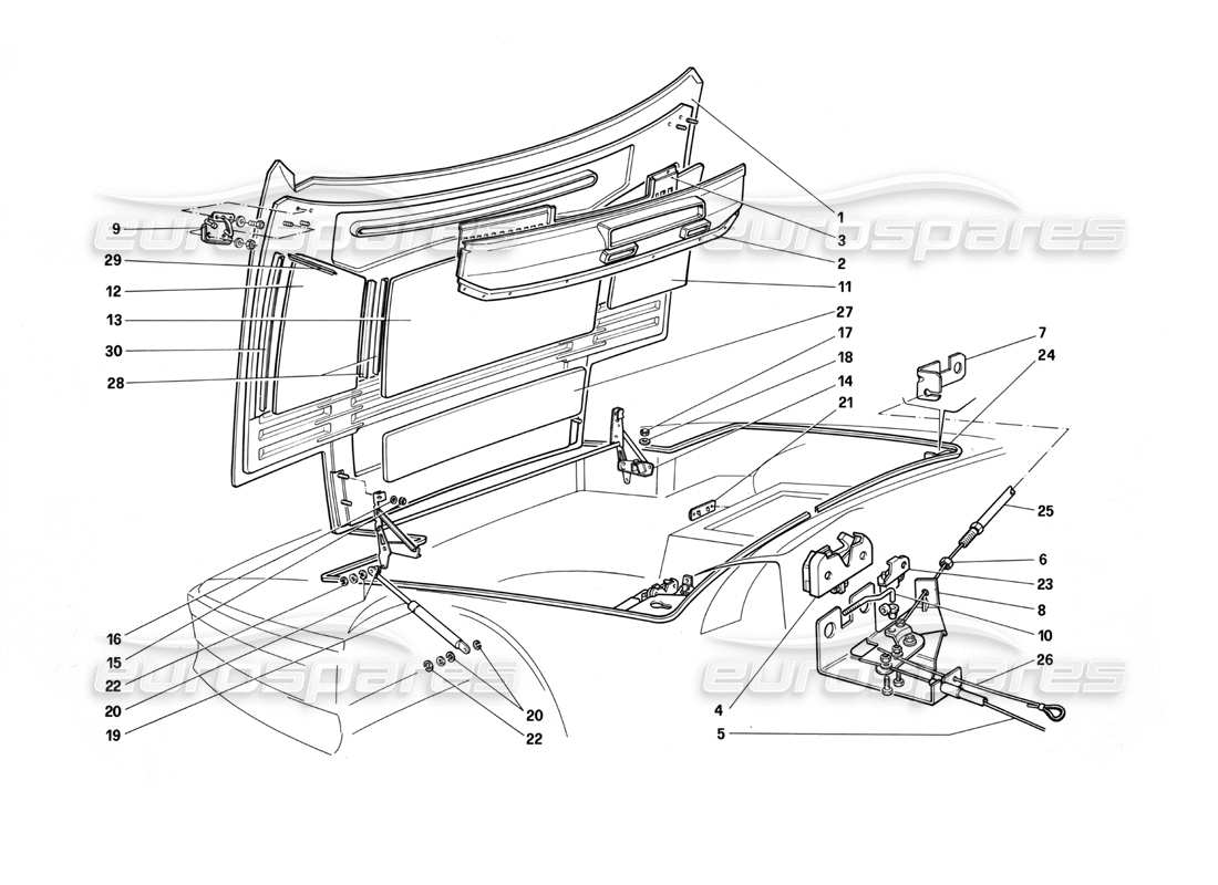 ferrari testarossa (1987) front hood part diagram