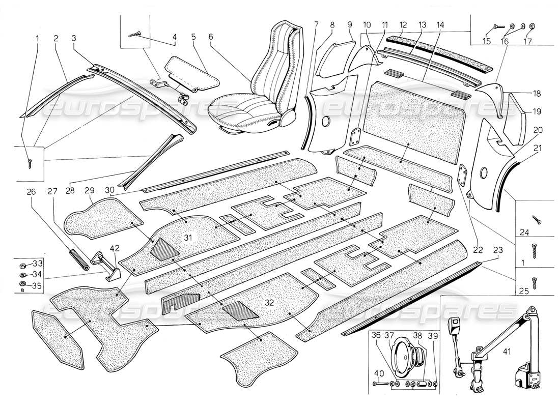 lamborghini jalpa 3.5 (1984) seats, accesssories and trims part diagram