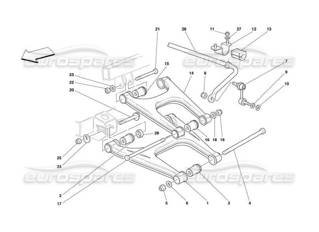 ferrari 550 barchetta rear suspension - wishbones and stabilizer bar part diagram