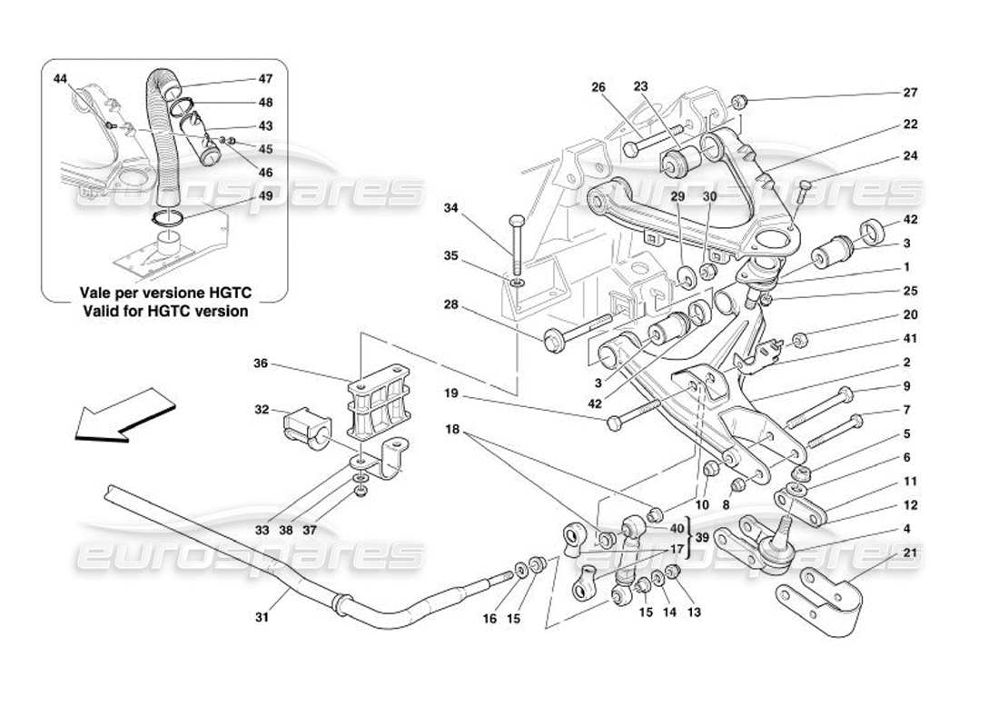 ferrari 575 superamerica front suspension - wishbones and stabilizer bar part diagram