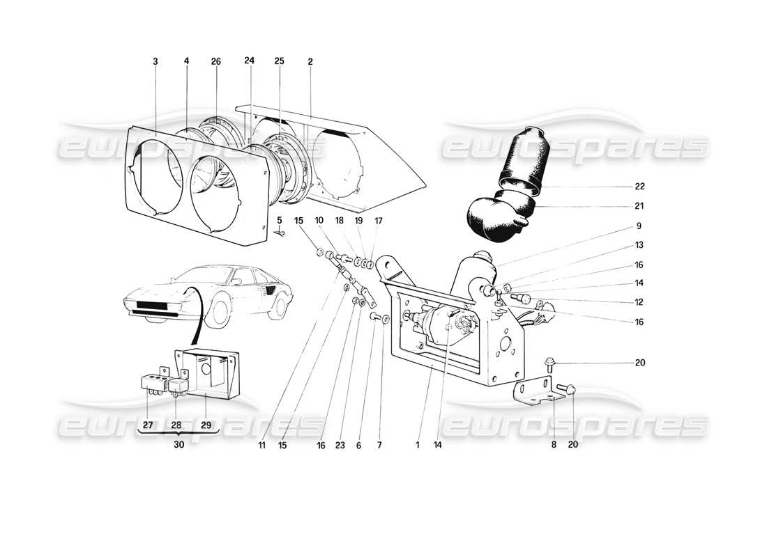 ferrari mondial 3.2 qv (1987) headlights lifting device and headlights part diagram