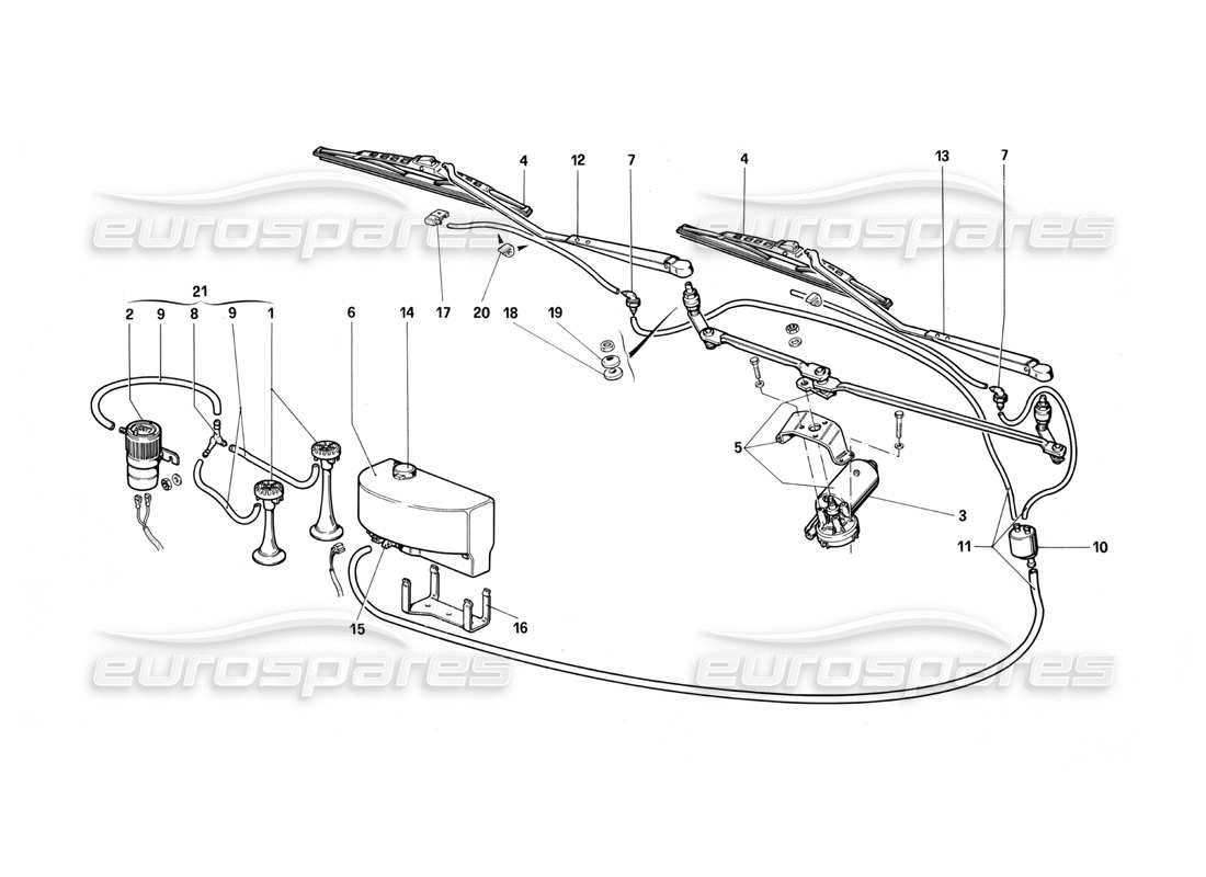 ferrari testarossa (1987) windshield wiper, washer and horns part diagram