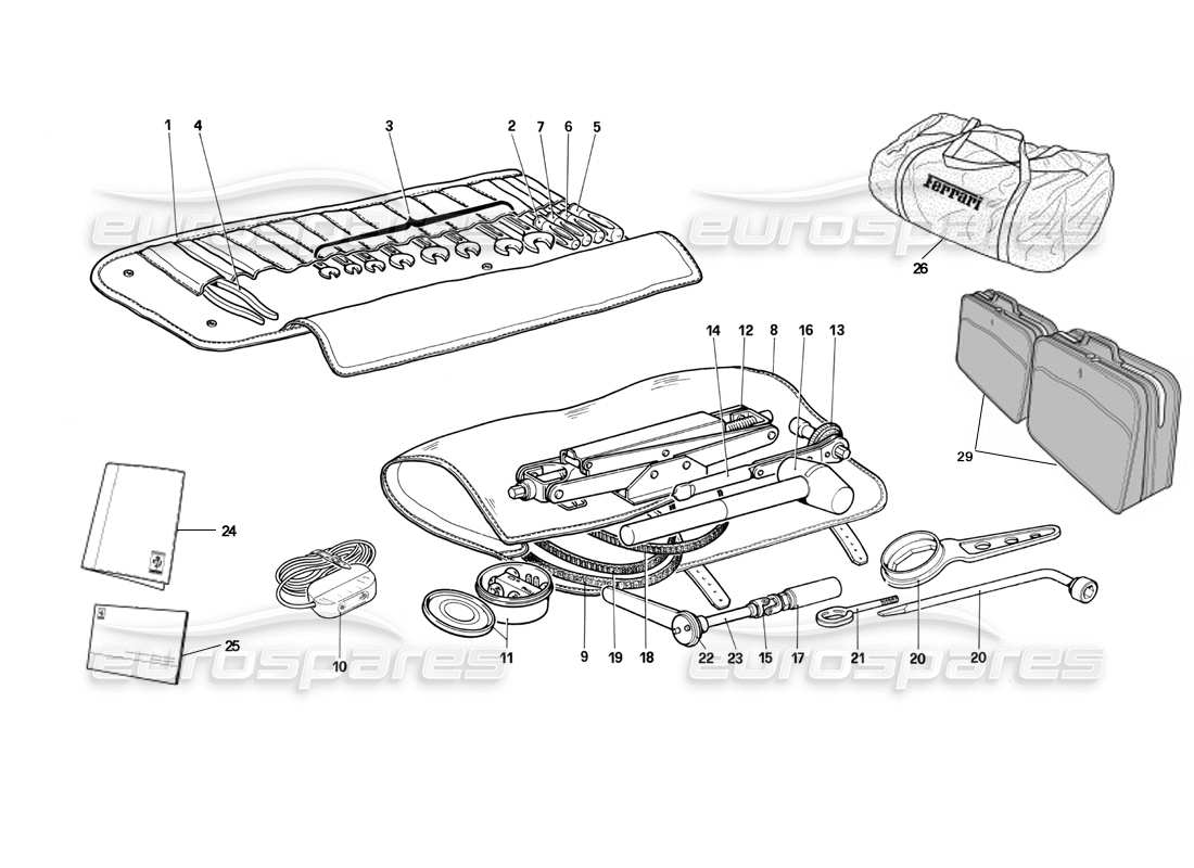 ferrari testarossa (1990) tool kit part diagram