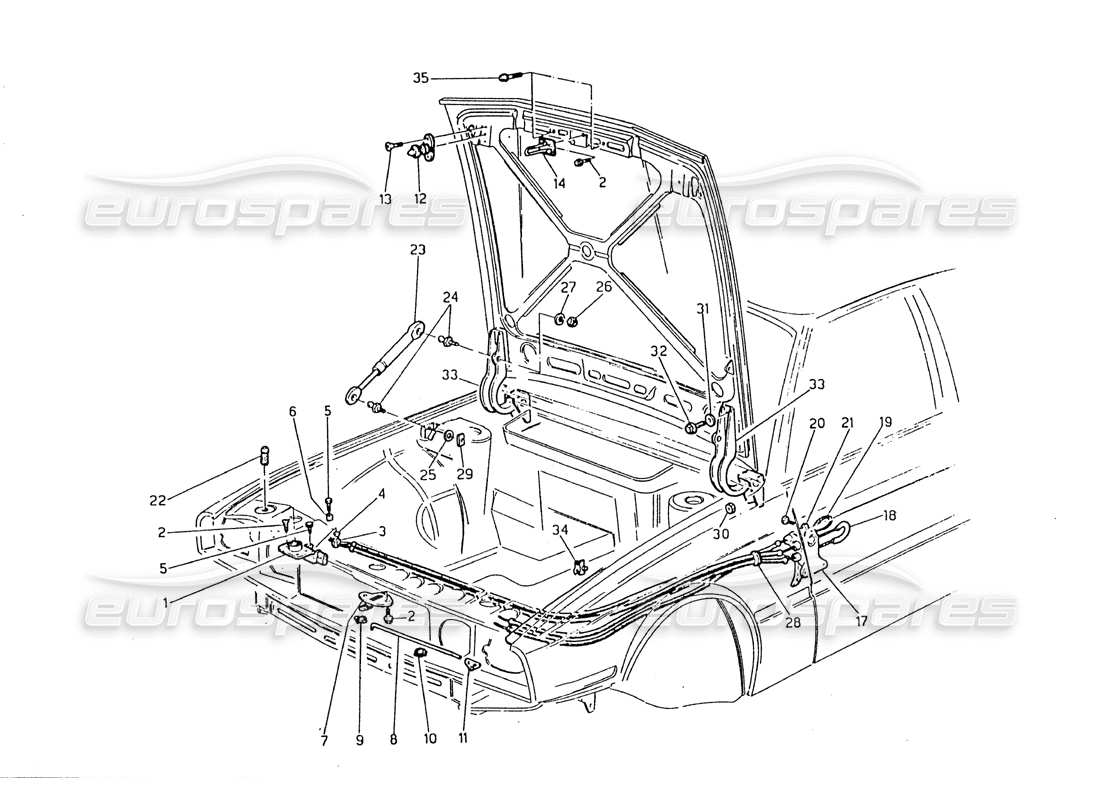 maserati biturbo 2.5 (1984) bonnet - hinges and bonnet release part diagram