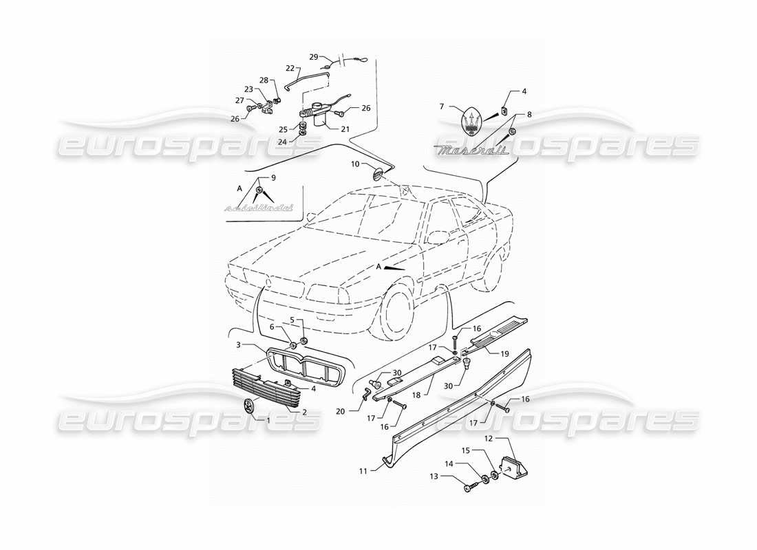 maserati qtp v6 (1996) external finishing badges parts diagram