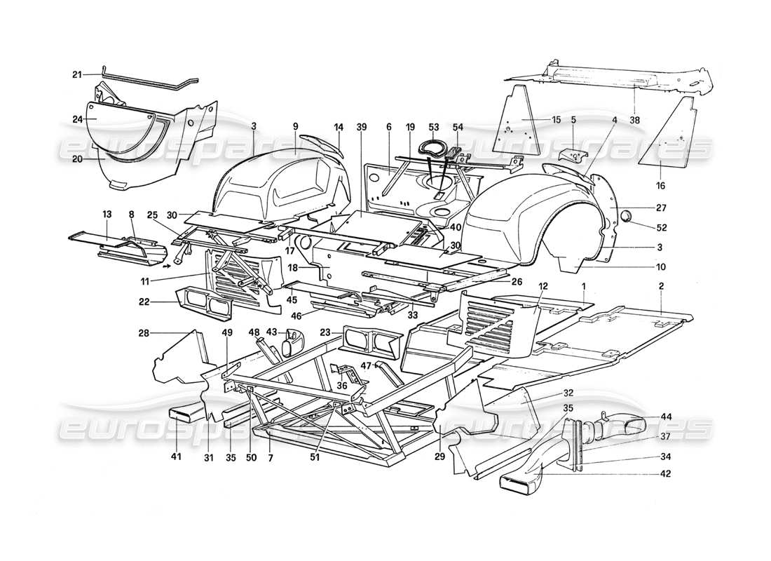 ferrari 288 gto body shell - inner elements part diagram