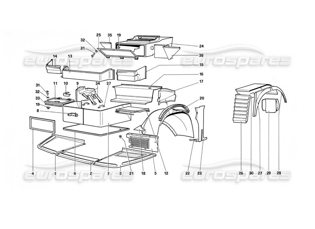 ferrari testarossa (1990) body - internal components part diagram