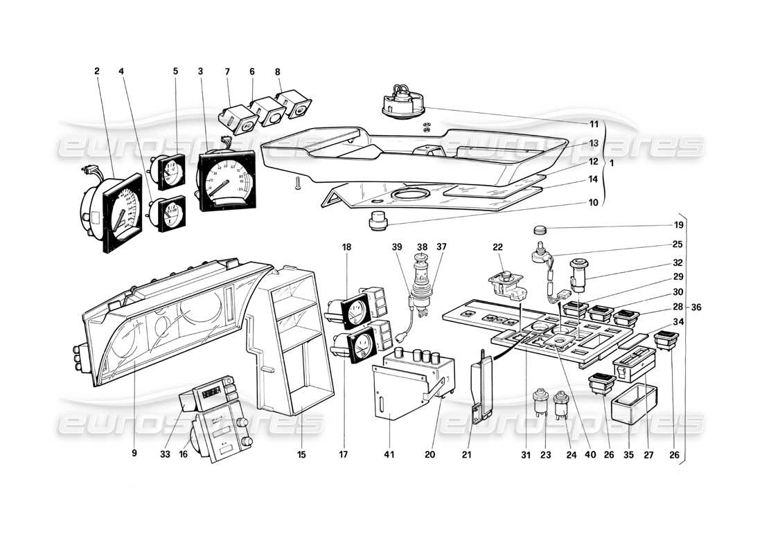 ferrari testarossa (1990) instruments and passenger compartment accessories (not for us version) part diagram