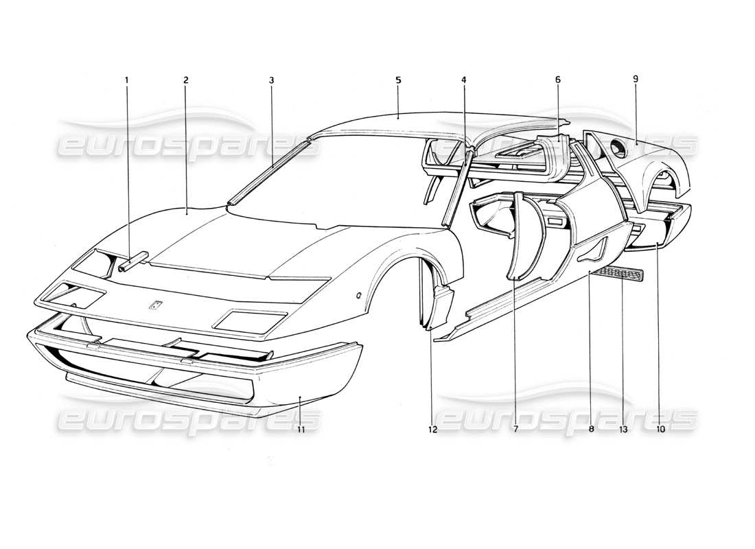 ferrari 512 bb body shell - outer elements part diagram