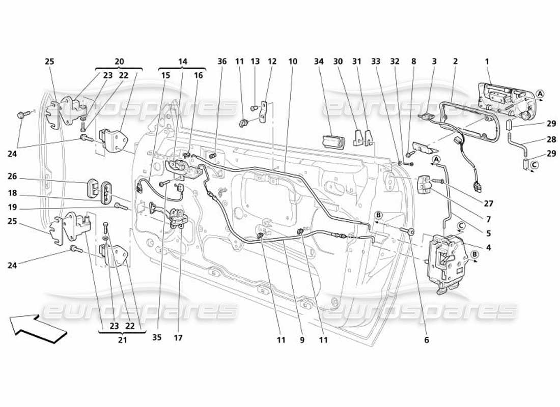 maserati 4200 spyder (2005) doors - opening control and hinges part diagram