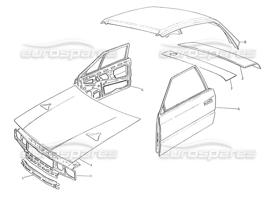 maserati karif 2.8 body shell: front panel, doors and hood, roof panel part diagram