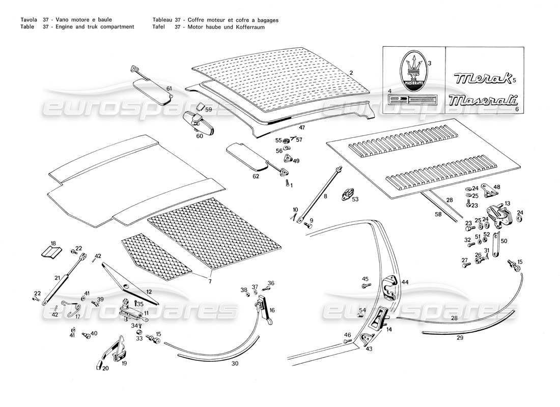 maserati merak 3.0 engine and trunk compartment part diagram