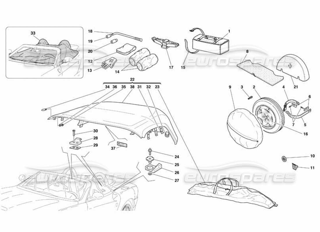 ferrari 550 barchetta capote - spare wheel -tool kit bag and accessories part diagram