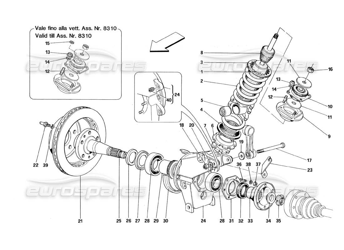 ferrari 348 (1993) tb / ts rear suspension - shock absorber and brake disc part diagram