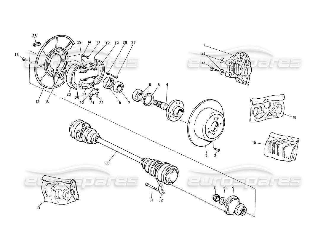 maserati biturbo 2.5 (1984) hubs, rear brakes and drive shafts part diagram