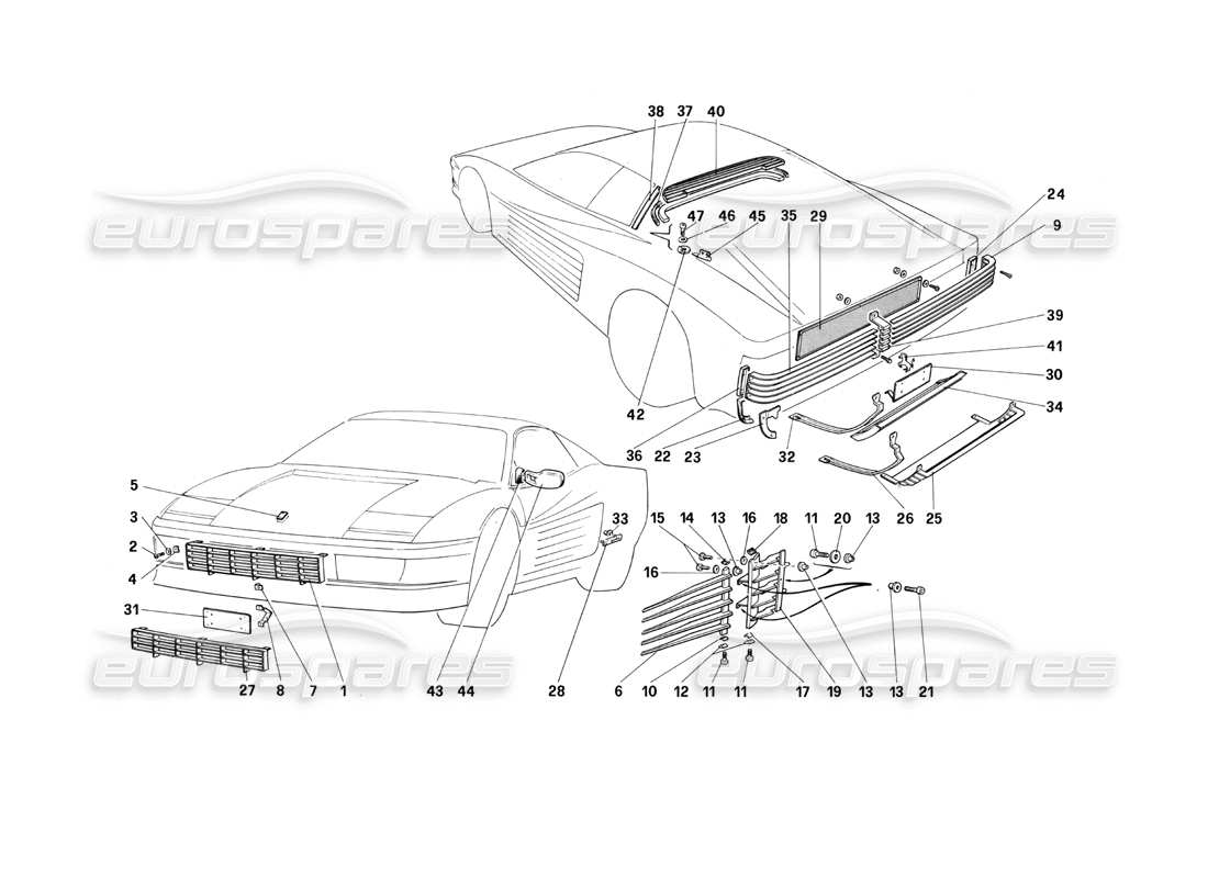 ferrari testarossa (1990) external finishing part diagram