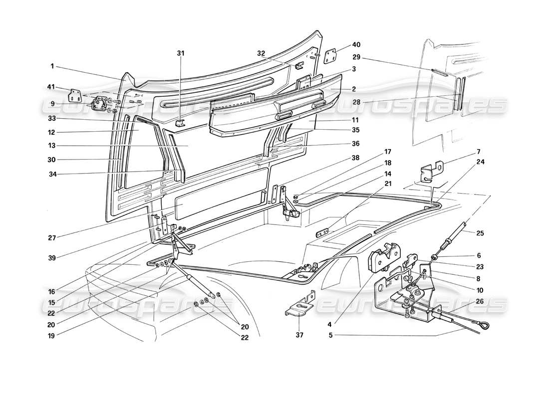 ferrari testarossa (1990) front hood part diagram