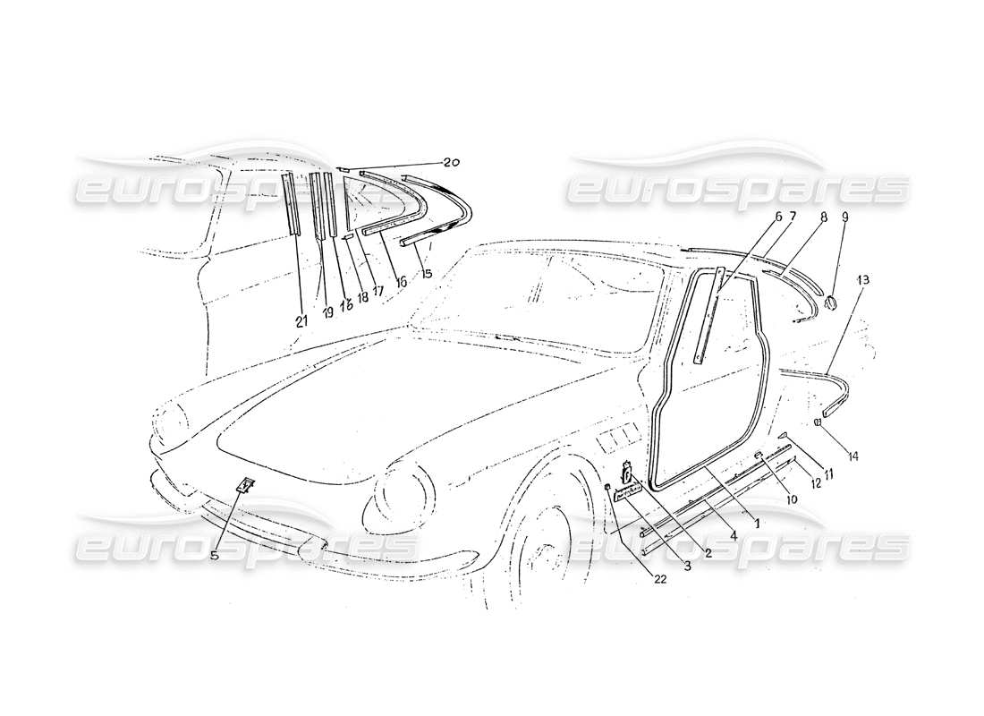 ferrari 330 gtc / 365 gtc (coachwork) gasket seals door & quarter glass part diagram