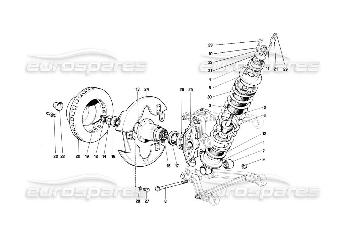 ferrari 400i (1983 mechanical) front suspension - shock absorber and brake disc part diagram