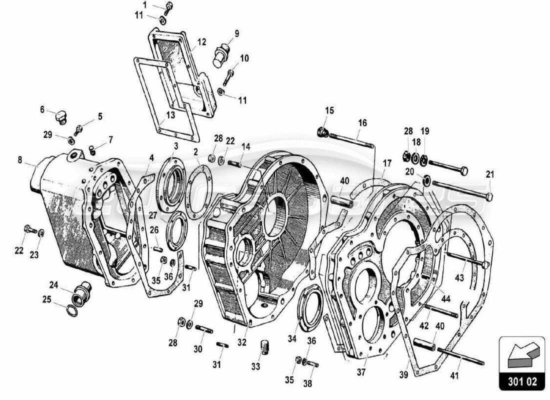 lamborghini miura p400 gearbox-rear differential case part diagram