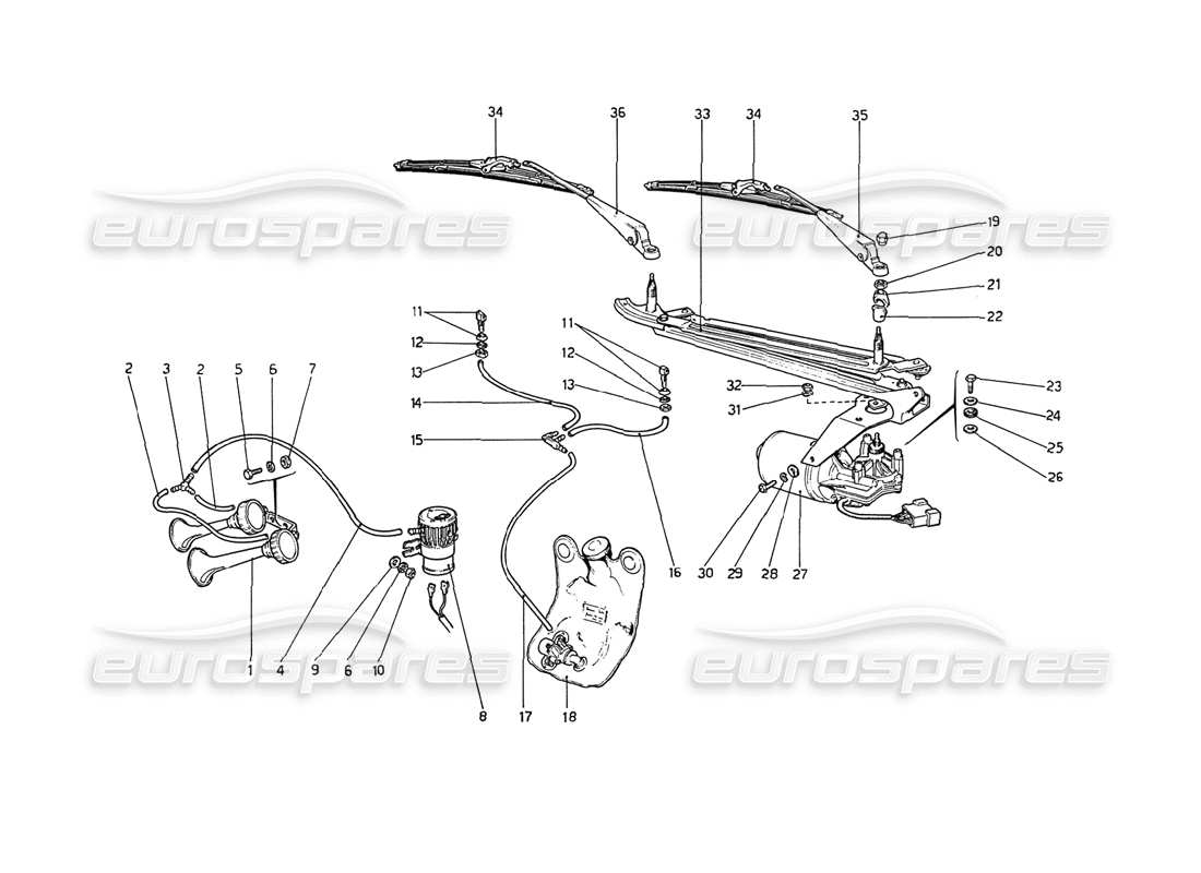 ferrari 208 gt4 dino (1975) windshield wiper, washer and horn part diagram