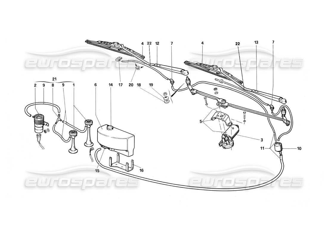 ferrari testarossa (1990) windshield wiper, washer and horns part diagram