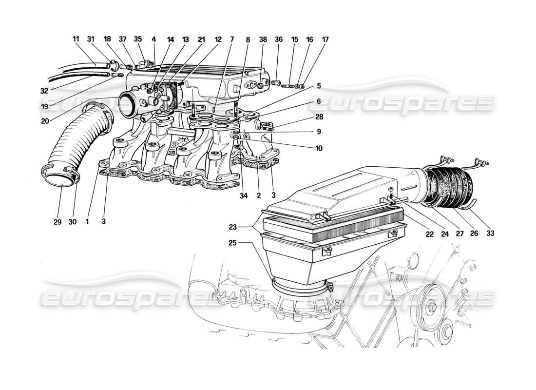 ferrari 328 (1988) air intake and manifolds part diagram