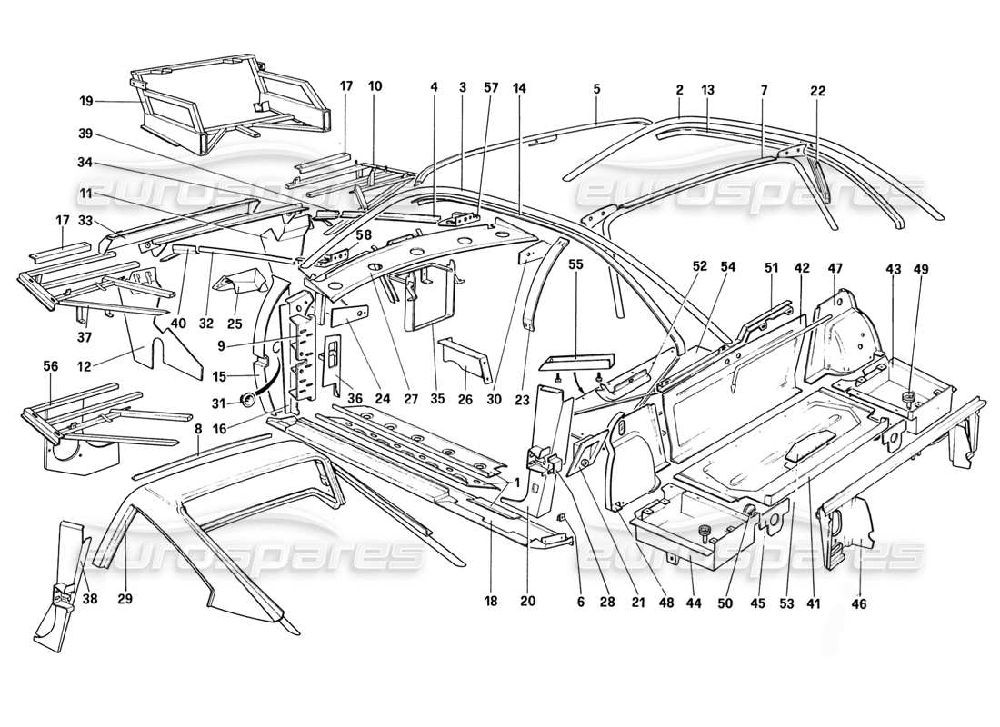 ferrari 328 (1988) body shell - inner elements (for aus and ch87 and ch88) part diagram