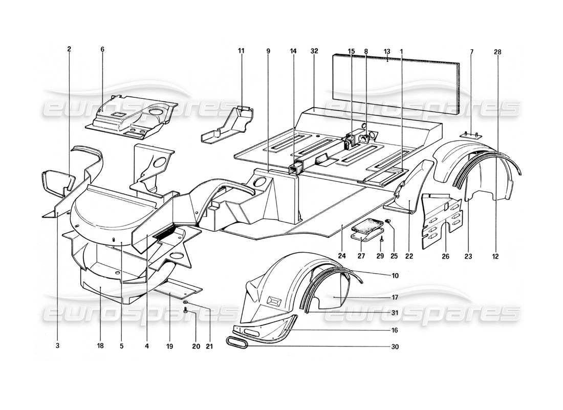 ferrari 512 bbi body shell - inner elements part diagram