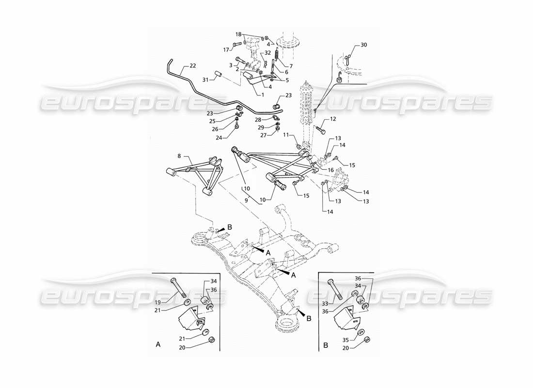 maserati qtp v8 (1998) (post-mod) rear suspension with anti-roll bar part diagram