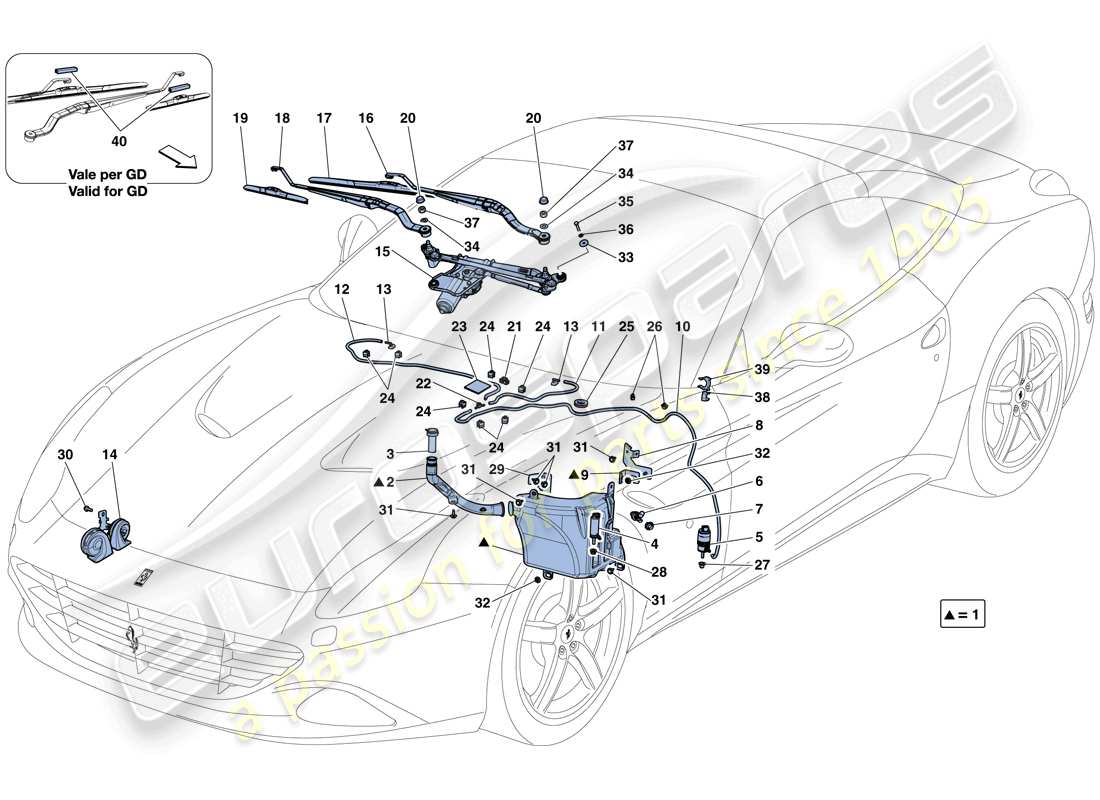 ferrari california t (usa) windscreen wiper, windscreen washer and horns part diagram