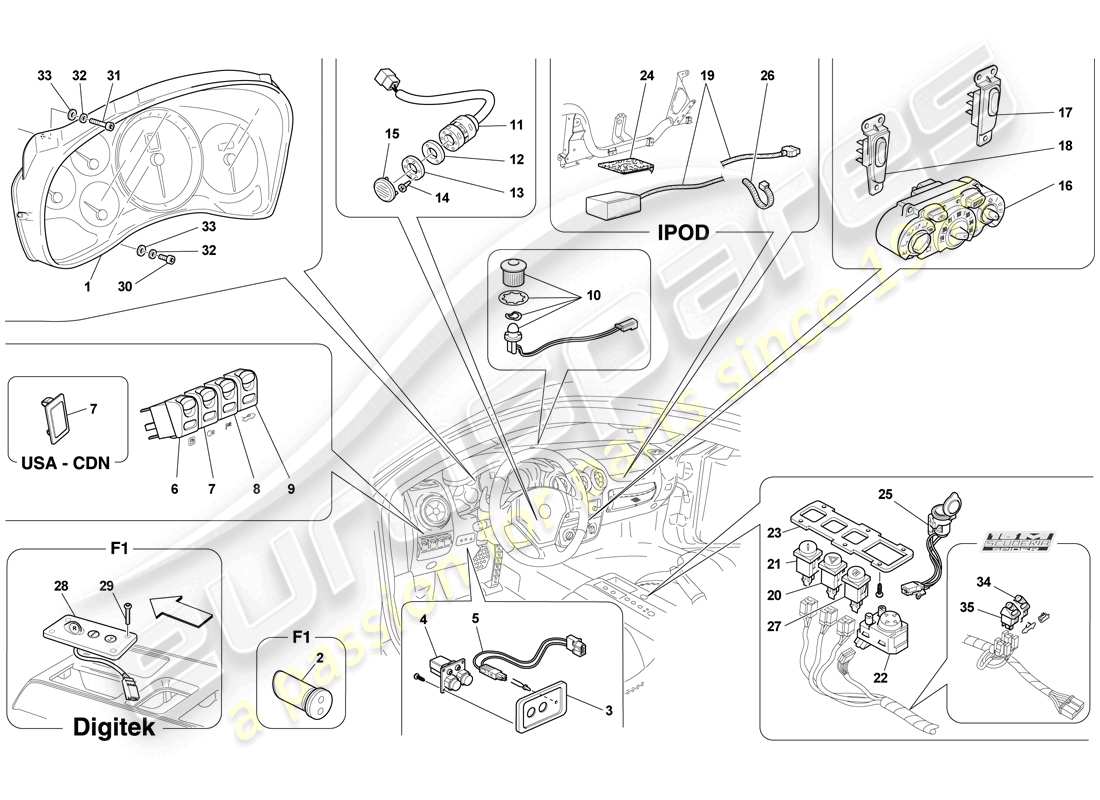 ferrari f430 scuderia spider 16m (europe) dashboard and tunnel instruments part diagram