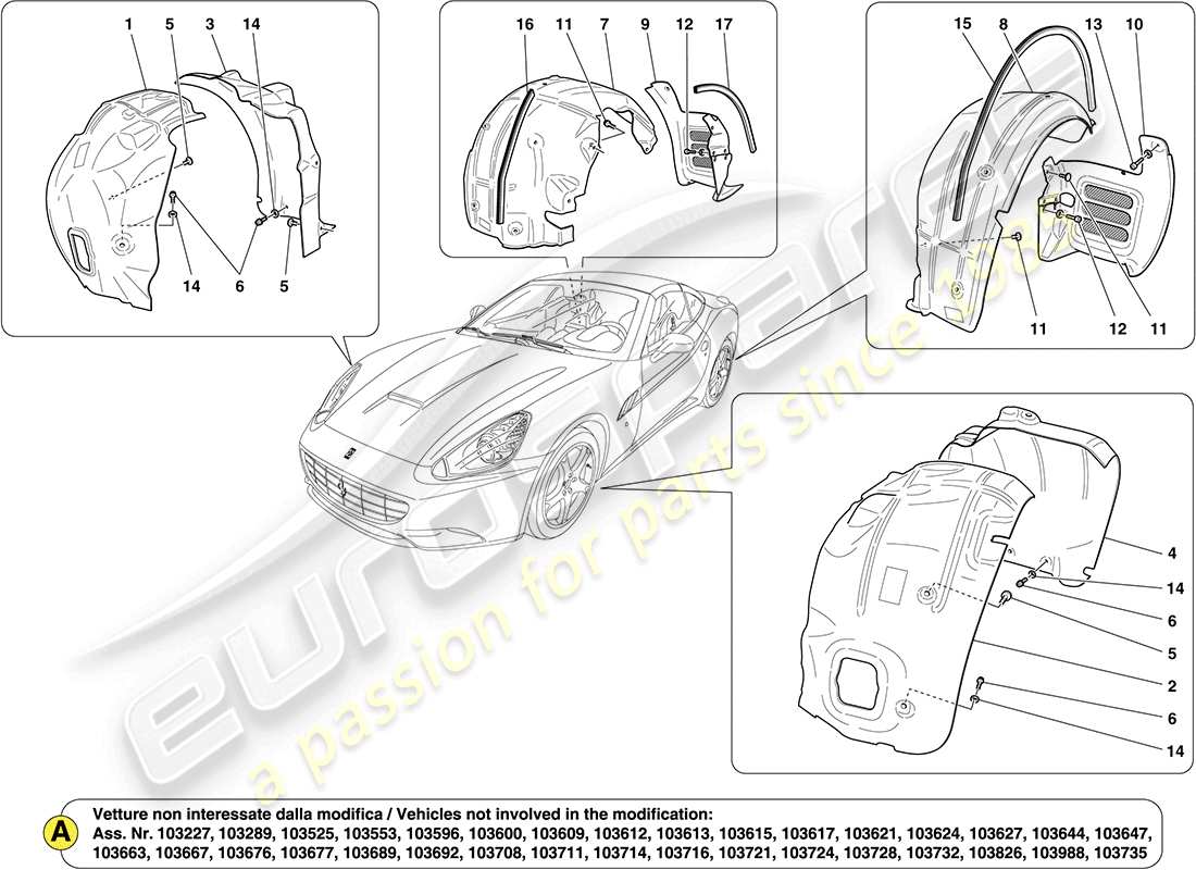 ferrari california (usa) wheelhouses and doors part diagram