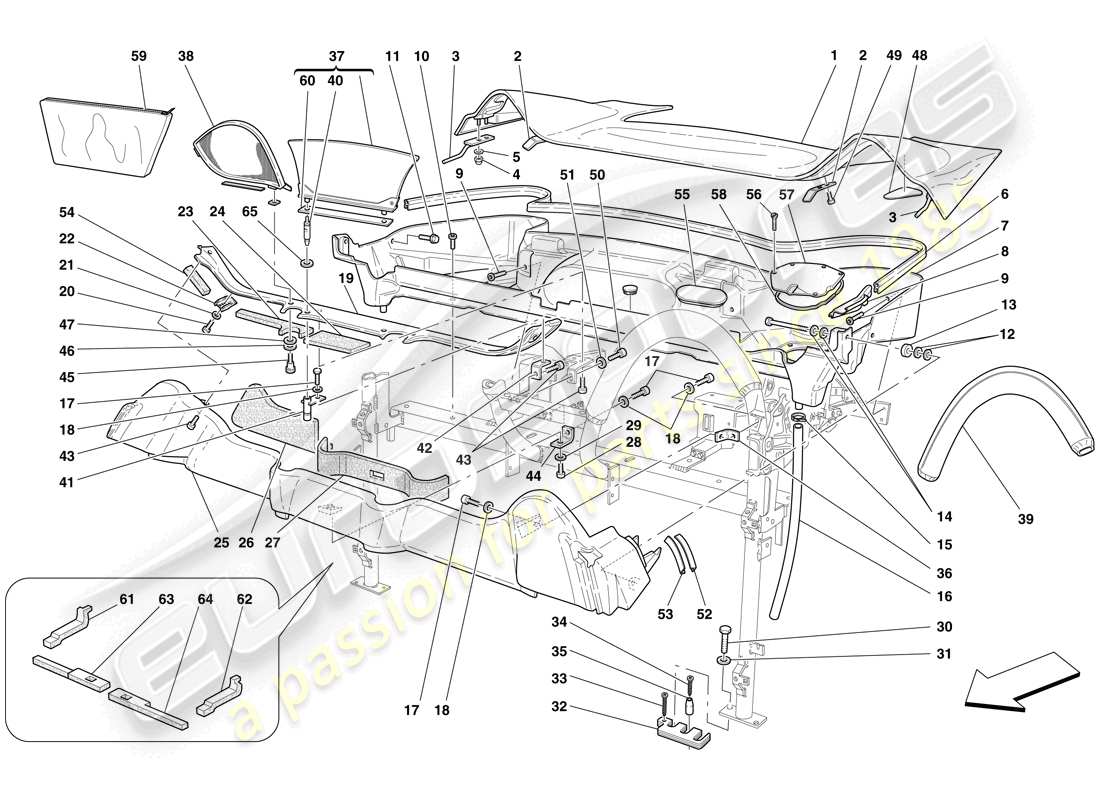 ferrari f430 scuderia (usa) roof trim and container tub part diagram