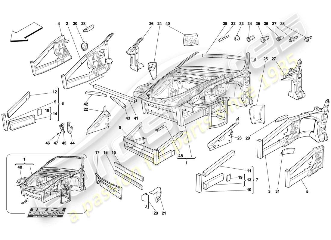 ferrari f430 scuderia spider 16m (europe) chassis - structure, front elements and panels part diagram