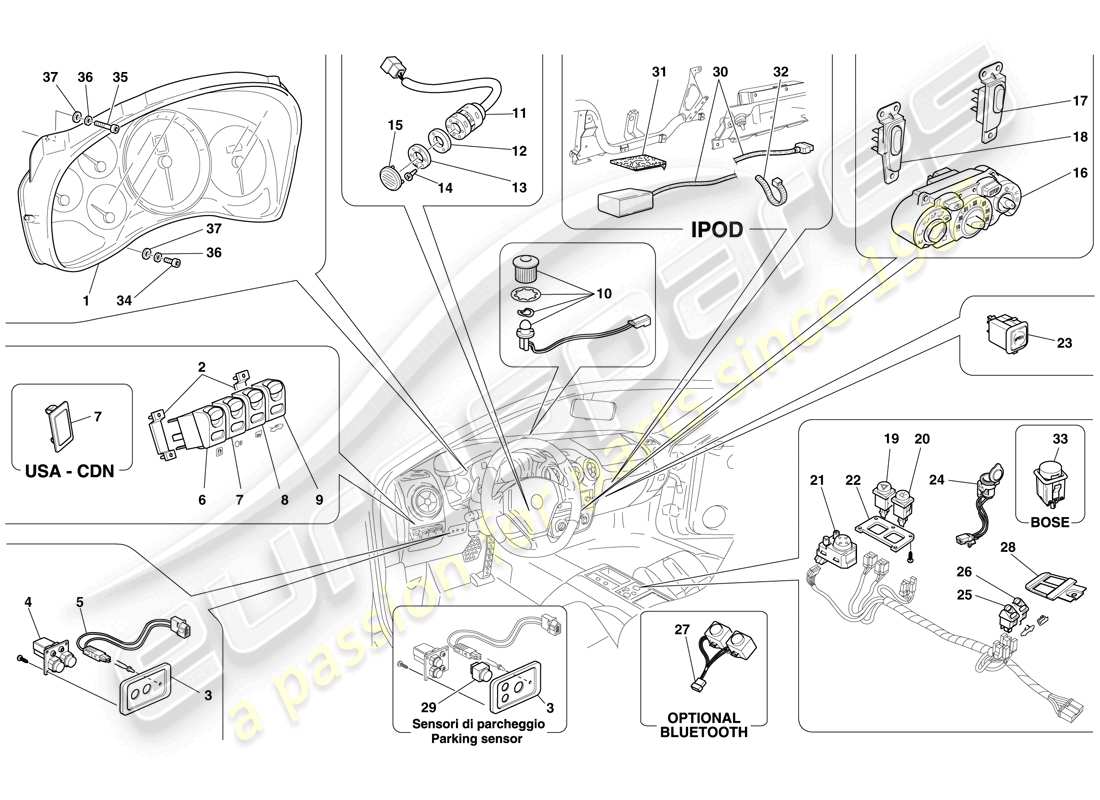 ferrari f430 spider (usa) dashboard and tunnel instruments part diagram