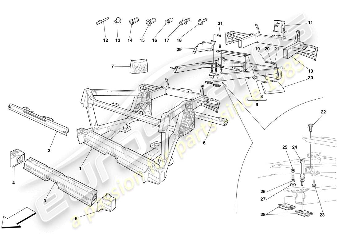 ferrari f430 spider (rhd) chassis - structure, rear elements and panels part diagram