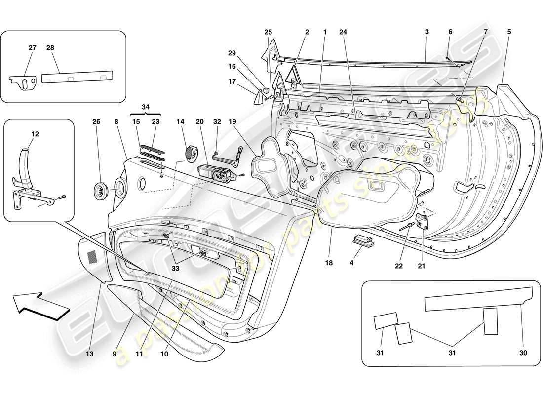 ferrari california (usa) front doors: trim part diagram