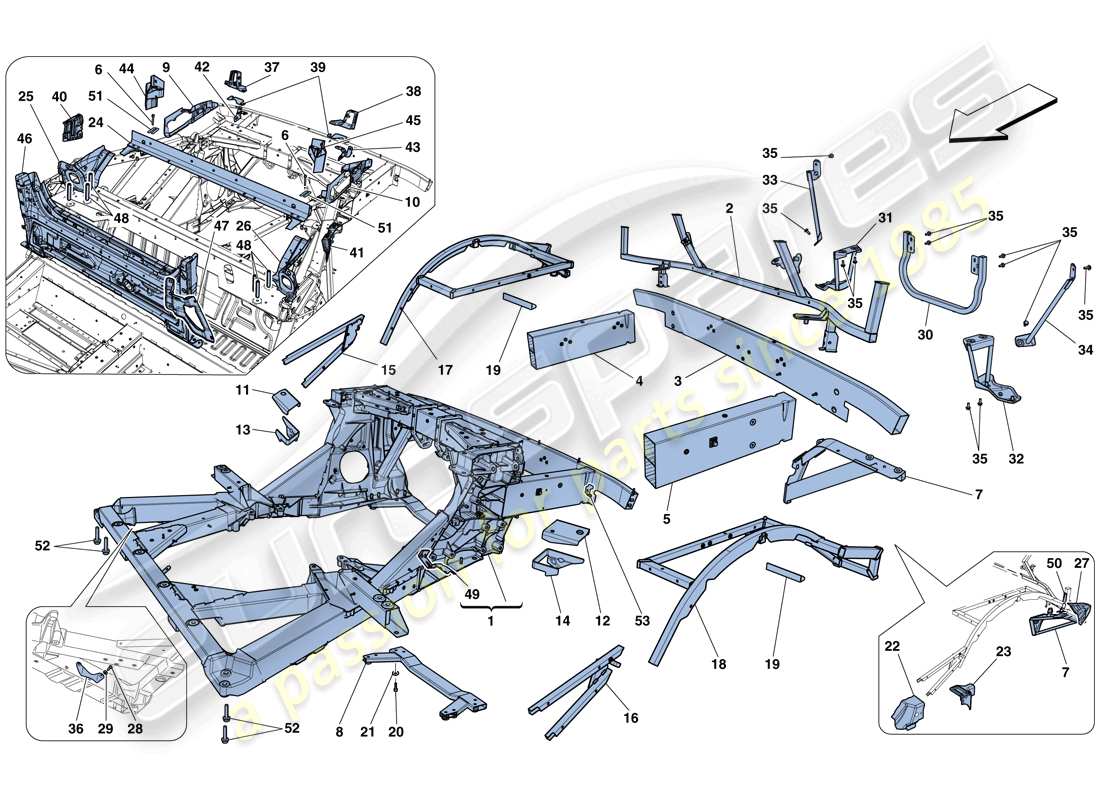 ferrari 458 spider (rhd) chassis - structure, rear elements and panels part diagram