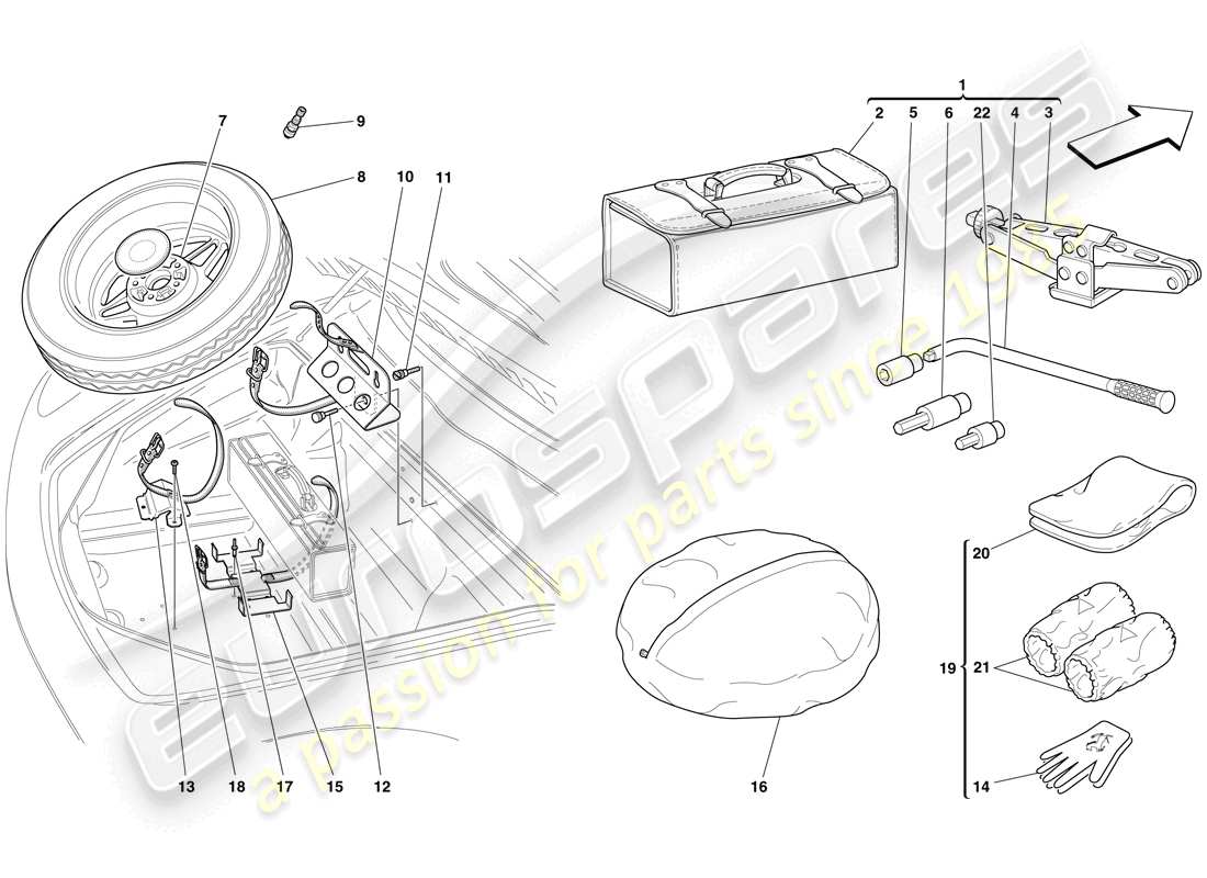 ferrari f430 scuderia spider 16m (rhd) spare wheel and tools part diagram