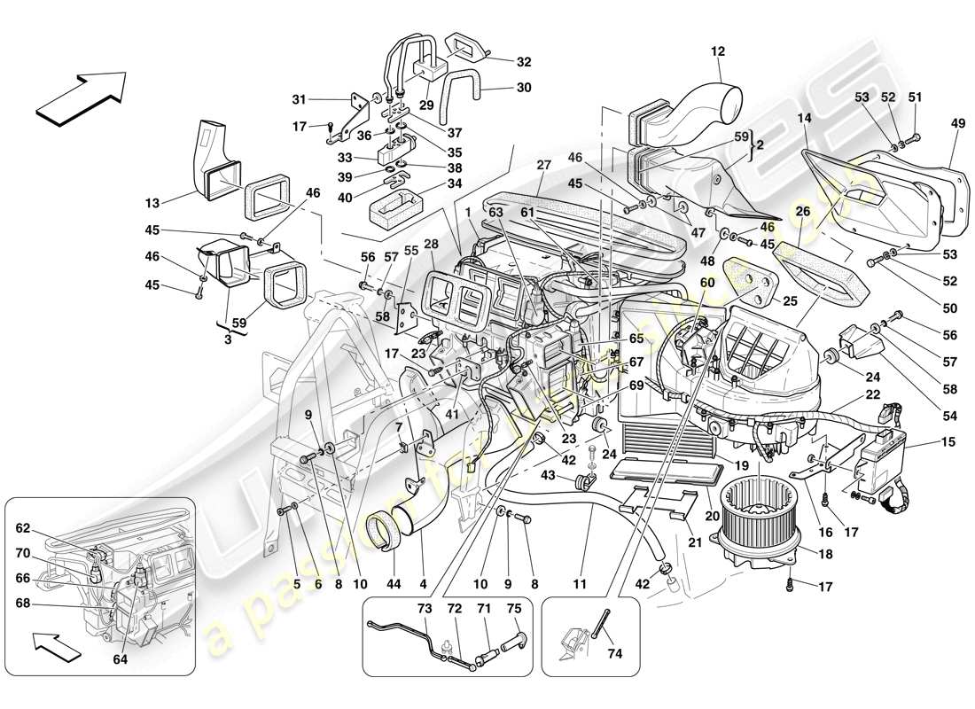 ferrari 612 scaglietti (rhd) evaporator unit and controls part diagram